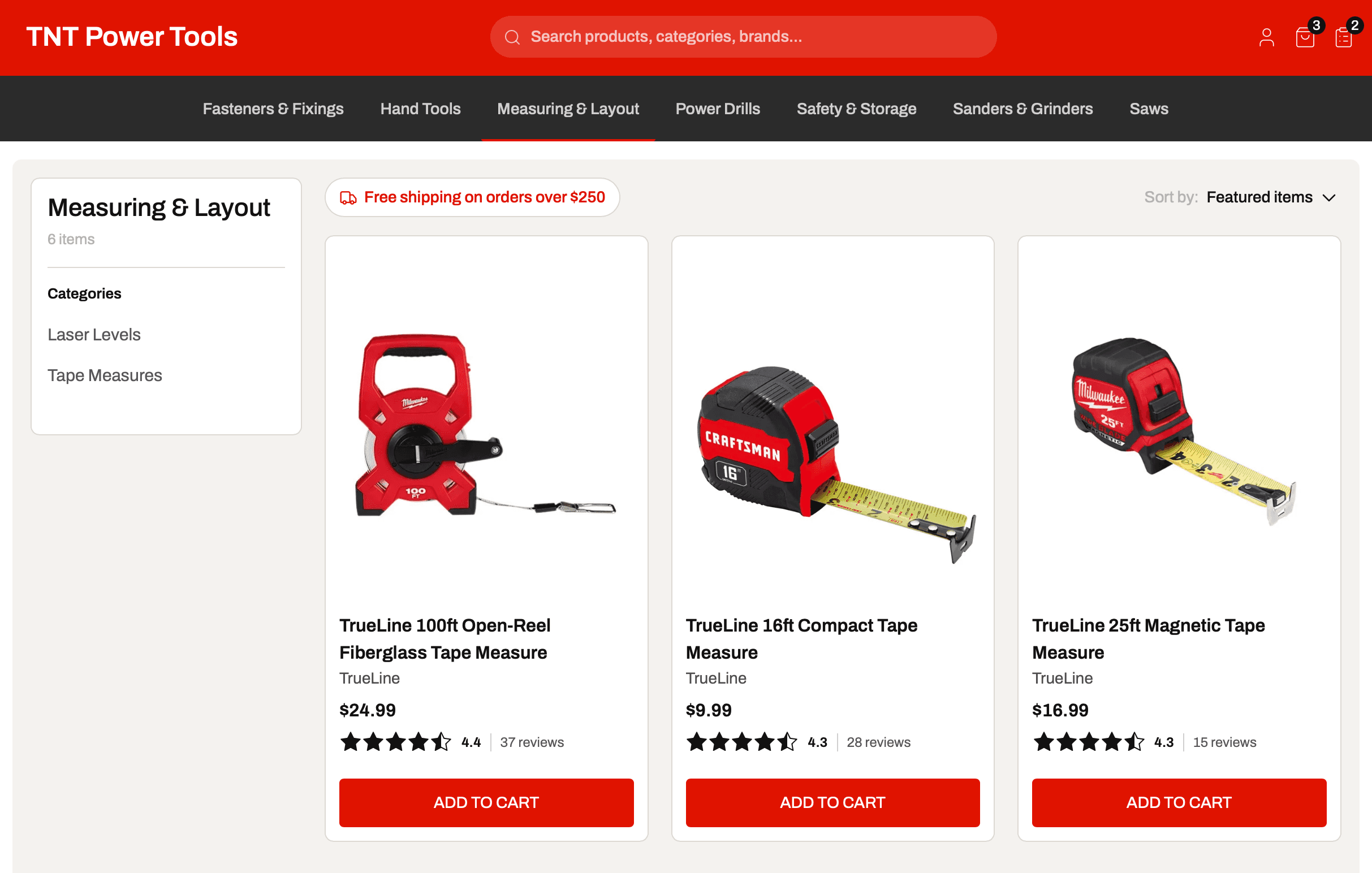 Measuring and Layout category page with a product grid and sidebar filters