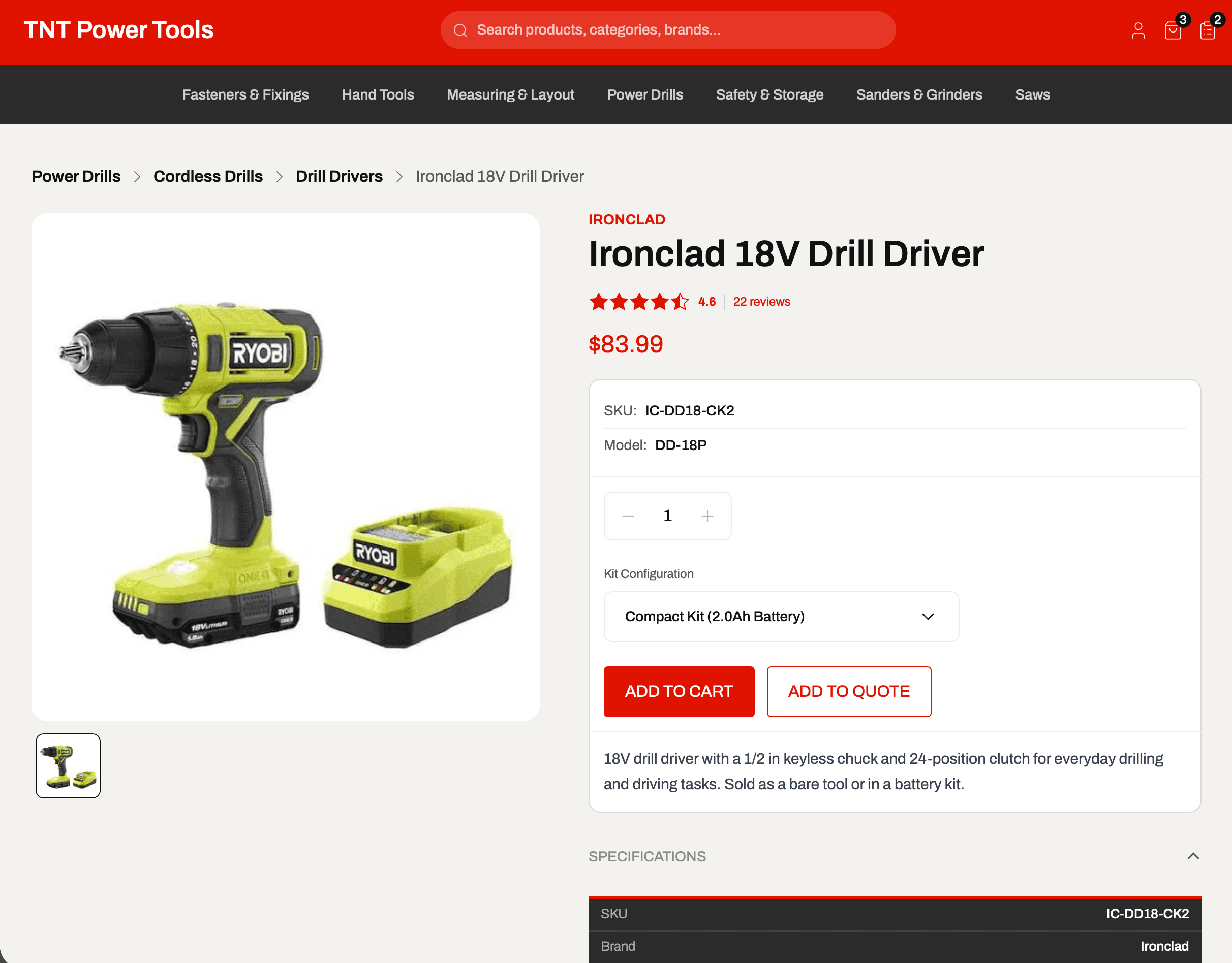 Ironclad 18V Drill Driver product page with a kit configuration dropdown and add-to-quote button