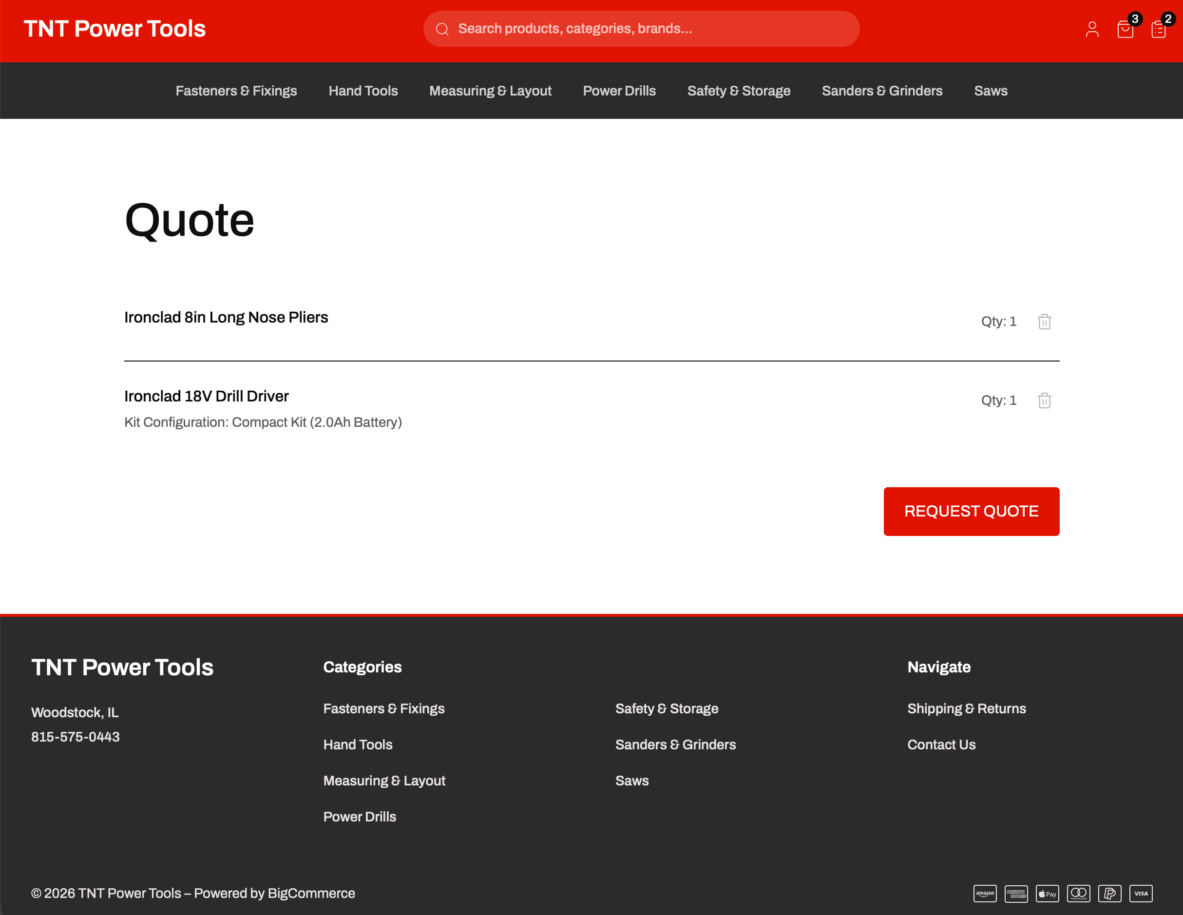 Request quote list showing line items with quantity and remove controls