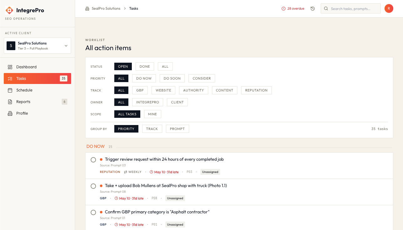 Lighthouse dashboard showing the prioritized task list ranked by impact